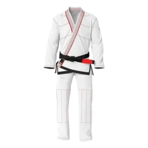 Custom white BJJ gi uniform with red stitching and trim by KingsCrafted