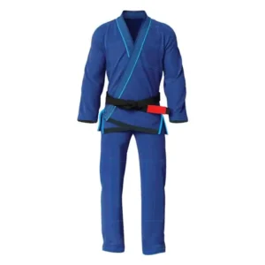 Custom blue BJJ gi uniform with turquoise trim accents by KingsCrafted