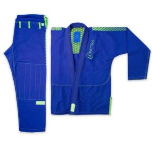 Custom royal blue BJJ gi uniform with lime green sublimated lining by KingsCrafted