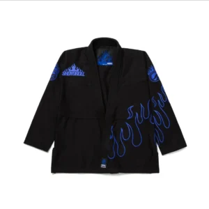 Custom black BJJ gi uniform jacket with blue flame embroidery by KingsCrafted